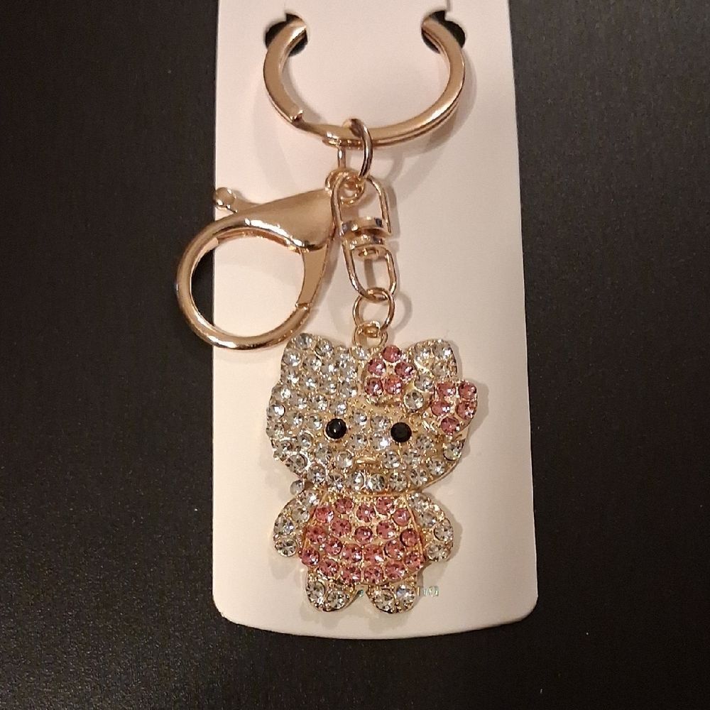 Hello Kitty Pink And White Rhinestone Keychain With Gold Hardware New In Package